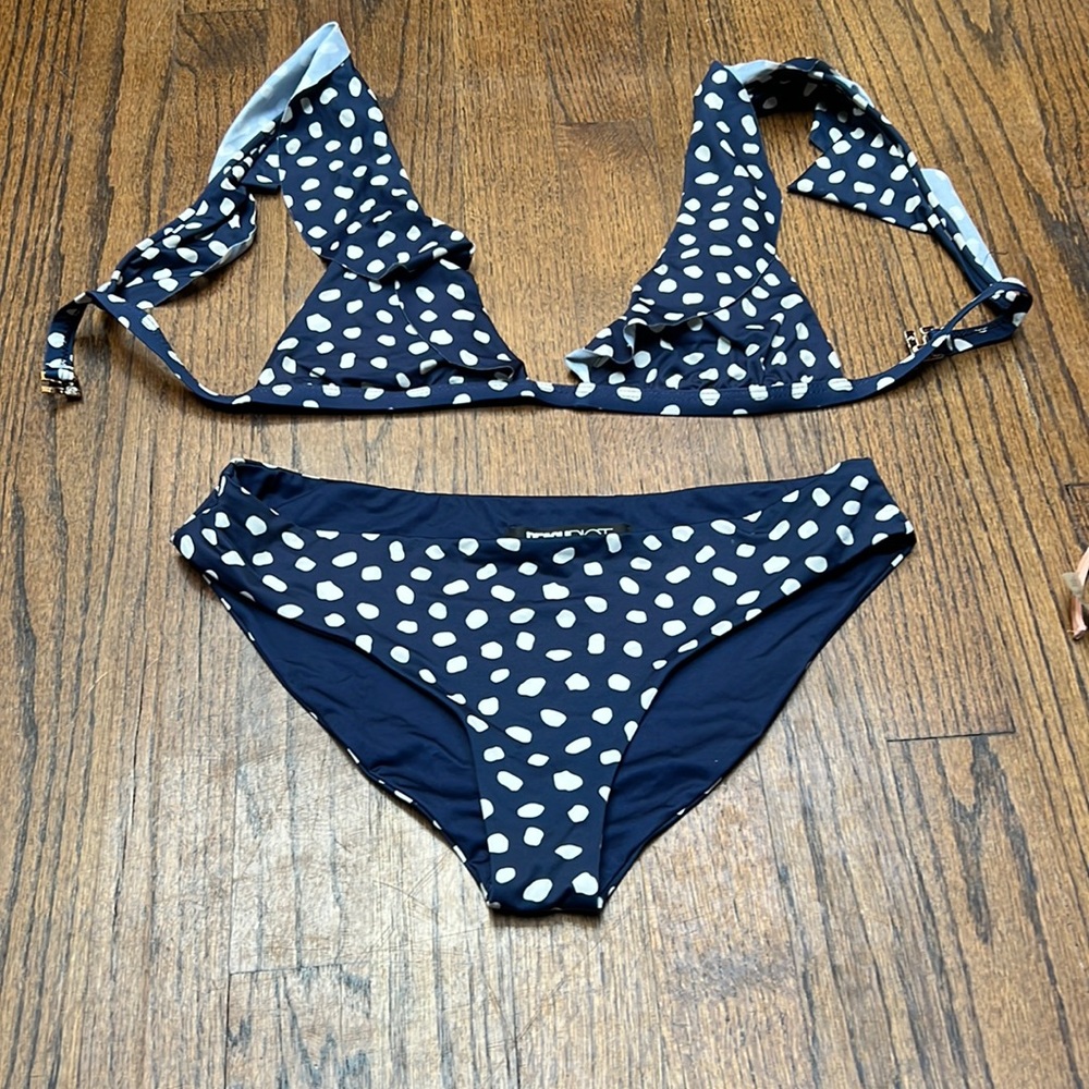 Beach RIOT Blue & white polka dot bikini set  top xs bottoms small